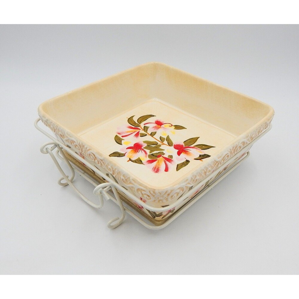 Temp-Tations by Tara Magnolia 2.5 Quart Square Baker Trivet Wire Basket 3PC Set